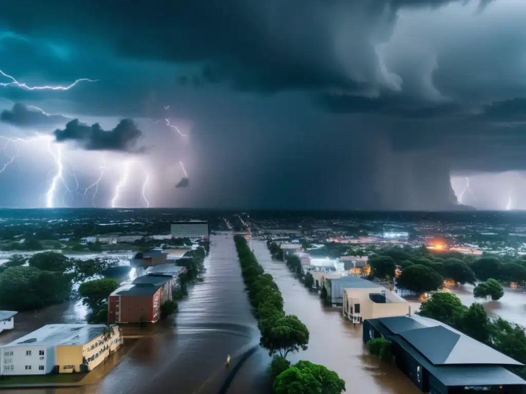 A dramatic aerial shot of a city skyline in the midst of a hurricane, with buildings and structures heavily damaged by high winds and flooding