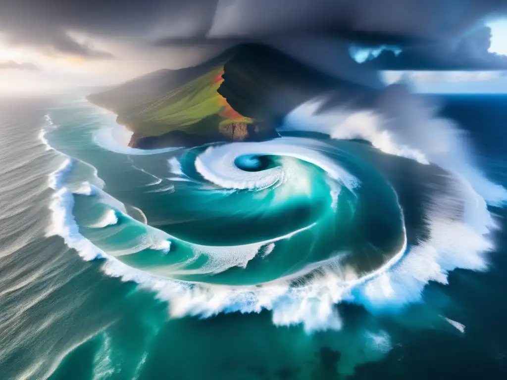 A breathtaking aerial view of a hurricane's heart, whirling with indomitable force and blazing colors, endangers the coastline