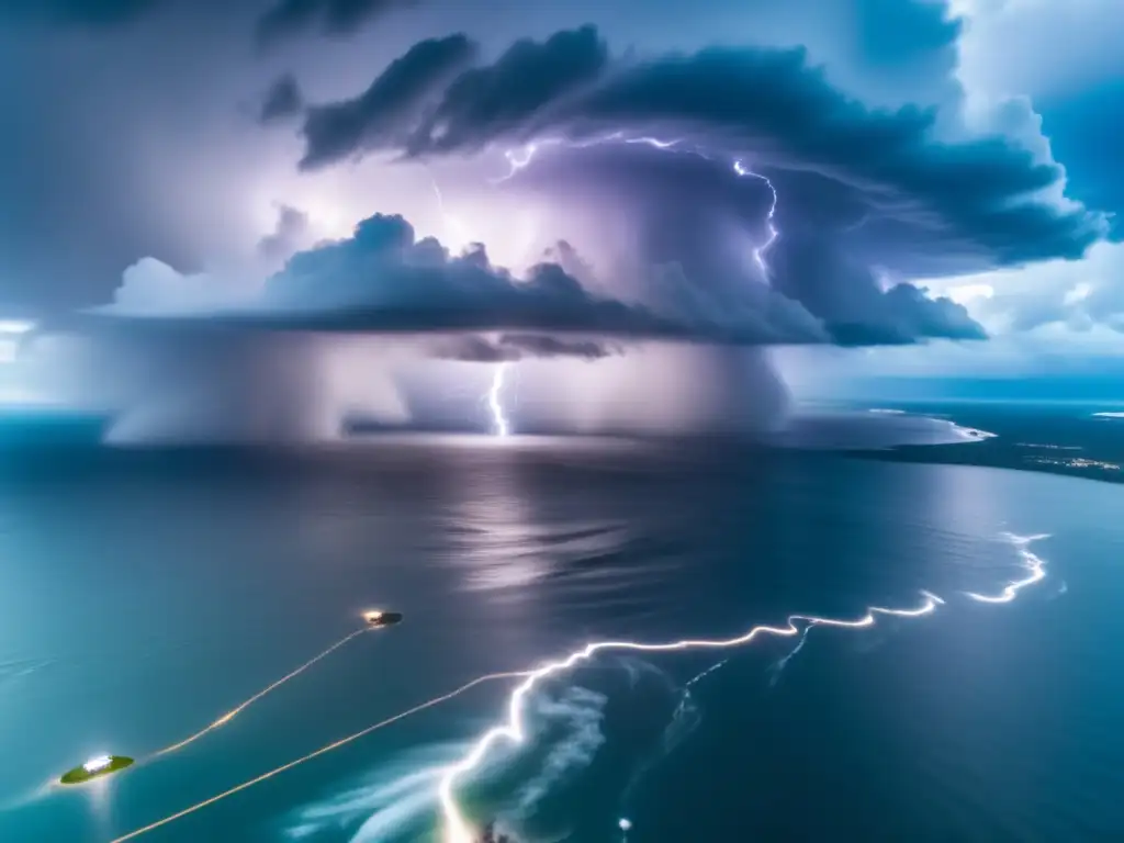 Dash: A cinematic aerial shot of a hurricane's eye, with swirling clouds and lightning, captures the immense power and destructive potential