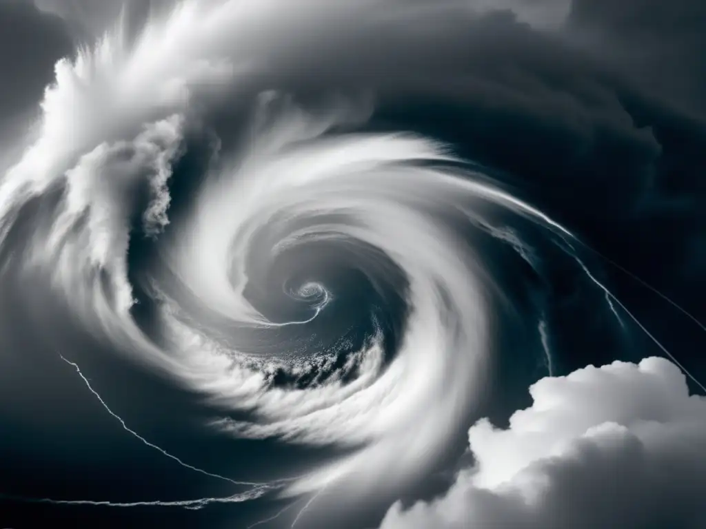 A cinematic depiction of a hurricane, with the eye visible in black and white, surrounded by swirling winds and foreboding skies