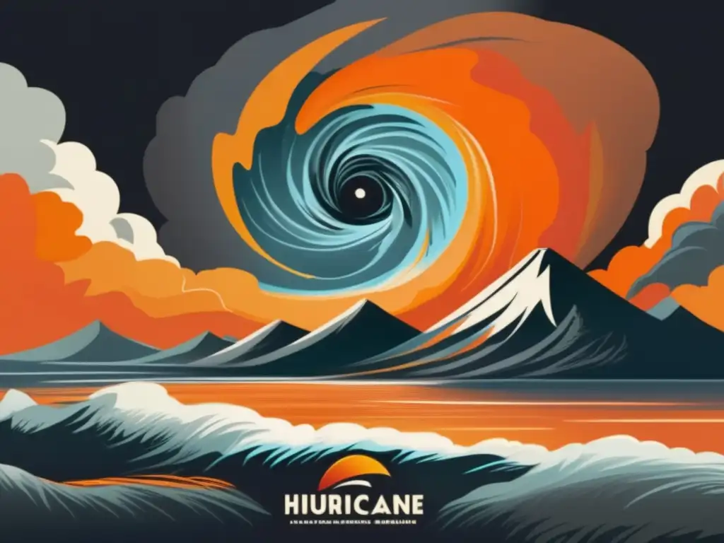 A hurricane's iconic eye in the center of a black and orange swirl, surrounded by a swirling maelstrom of destruction