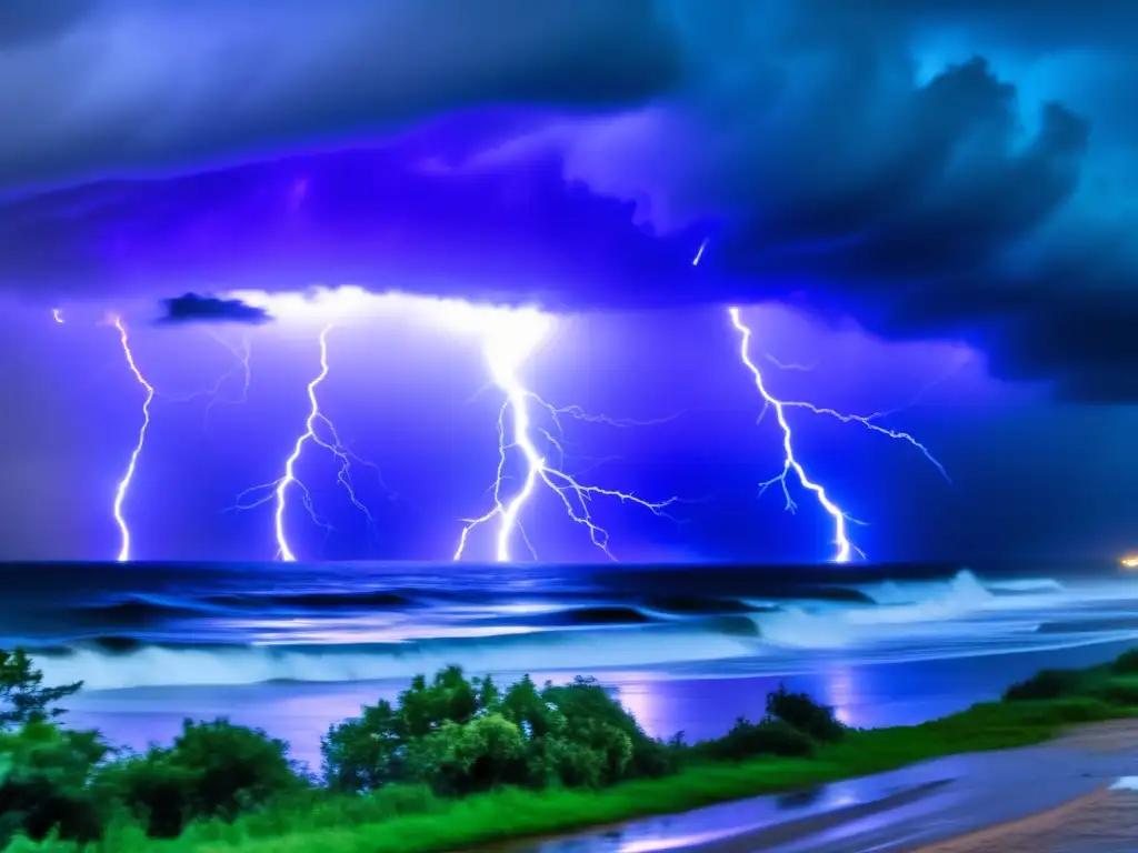 A deepfocus photograph of a hurricane, with the swirling eye of the storm at the center, surrounded by rain, lightning, and thunder