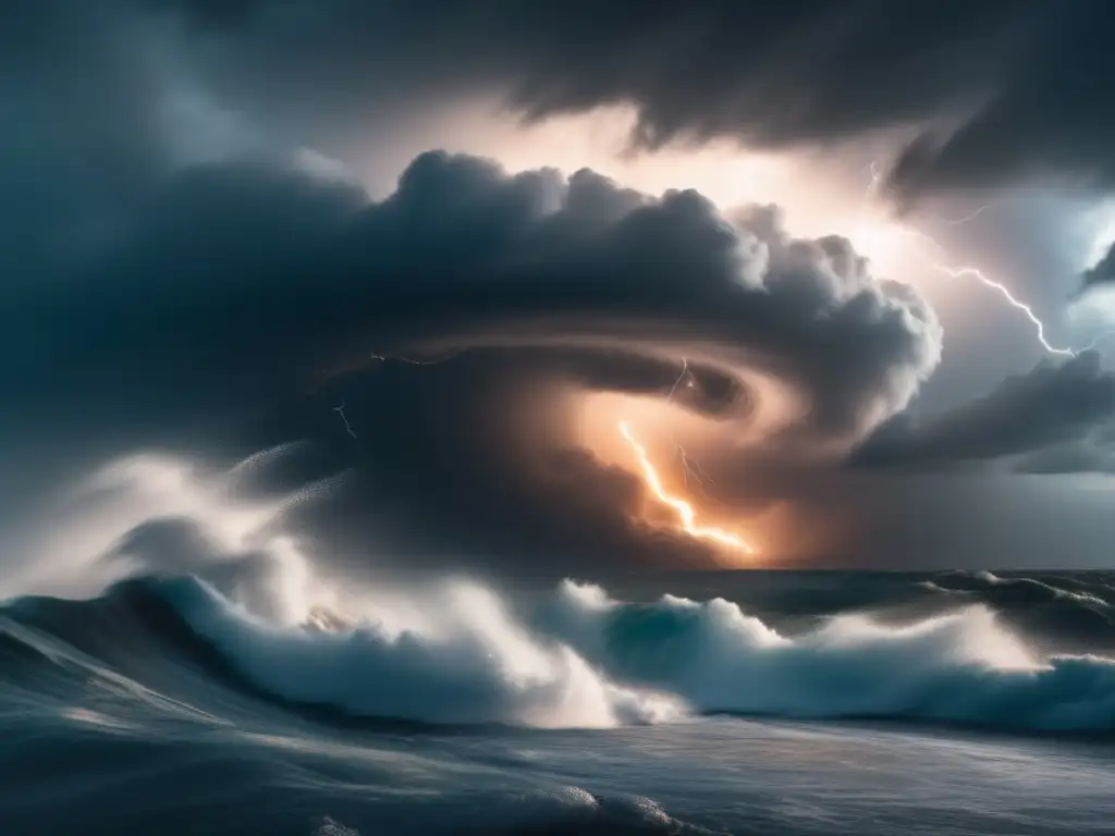 Hurricane hovers ominously over the darkened sea, lightning illuminates swirling clouds and waves crash against shore, capturing the essence of nature's fury