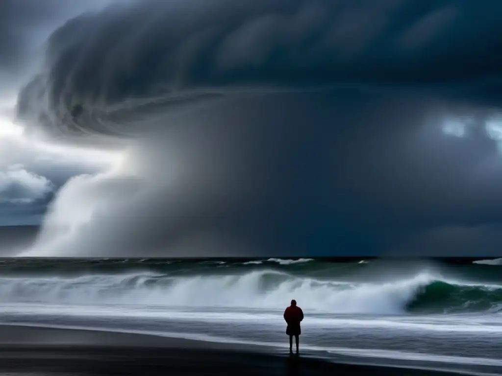 A lone figure stands against the fury of a hurricane, their gaze fixed on the storm's eye