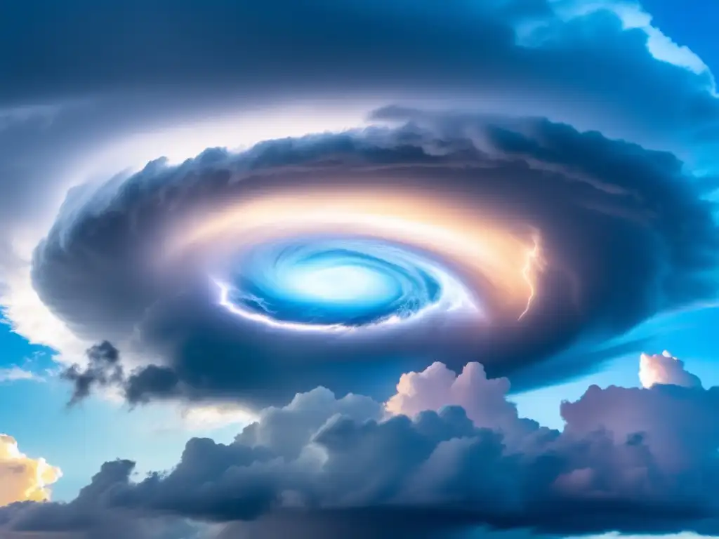The hurricane's eye is a mesmerizing swirl of rage, lightning, and rain, a pastel blue sky slowly unravels as it spins in clockwise motion, a dim, distant sun lost in its fury, a glimpse into the immense power and destruction