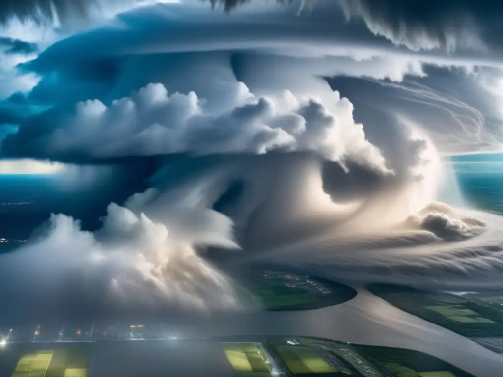 A dramatic, swirling aerial view of a storm surge-tossed coastline during a hurricane's devastating peak, with the eye wall's stark clarity juxtaposed against the chaotic maelstrom of rain, wind, and waves, exposing the power and fury of nature's wrath