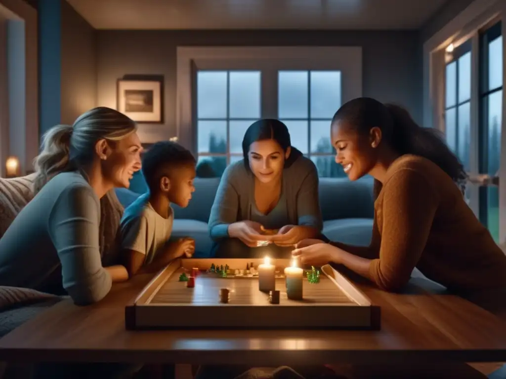 A family huddles together amidst chaos during a hurricane, playing board games and card games