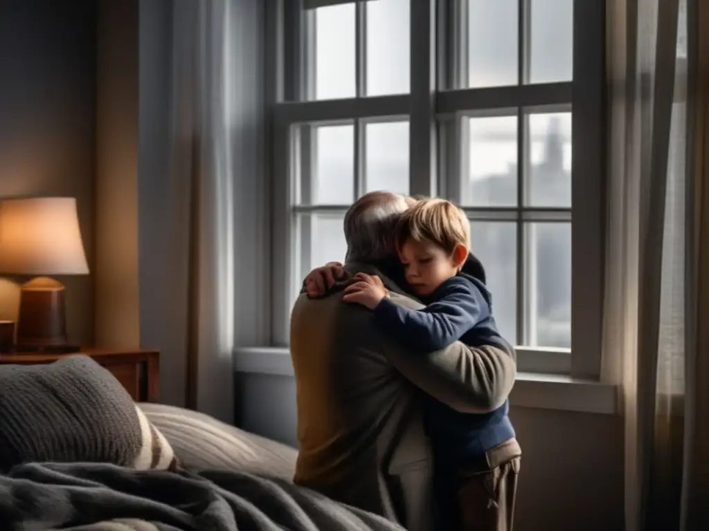 A tense family clings together in a dimly lit room during a hurricane, while outside, a neighborhood lies devastated by the storm