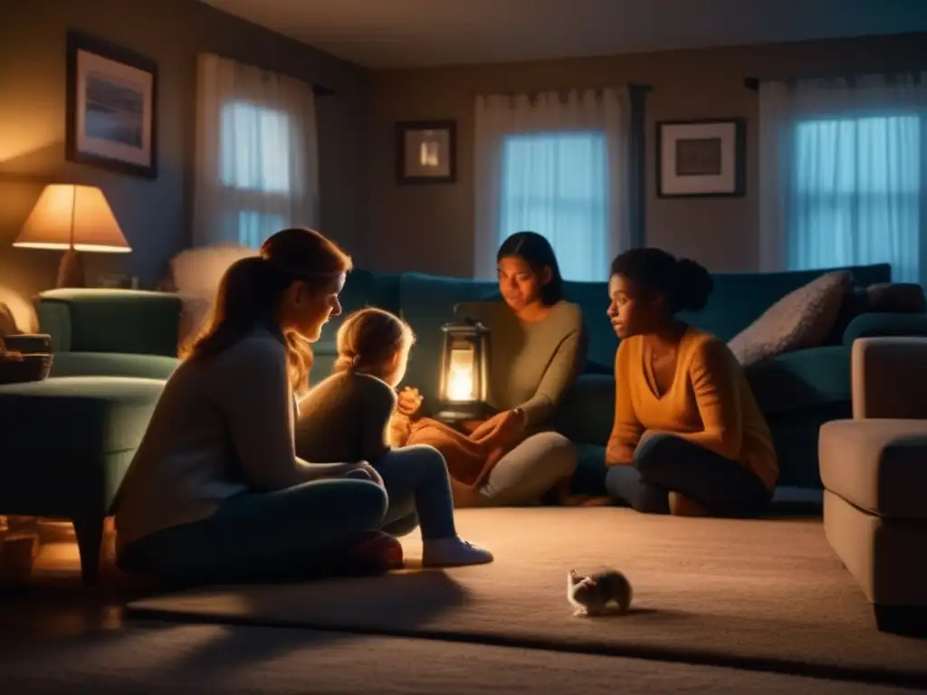 A family huddles together in a cramped living room during a hurricane, with a small pet snuggled comfortably among them