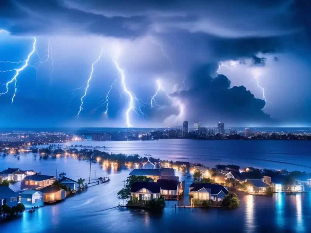 A hurricane floods a cityscape, lighting up the night sky with smoke and lightning