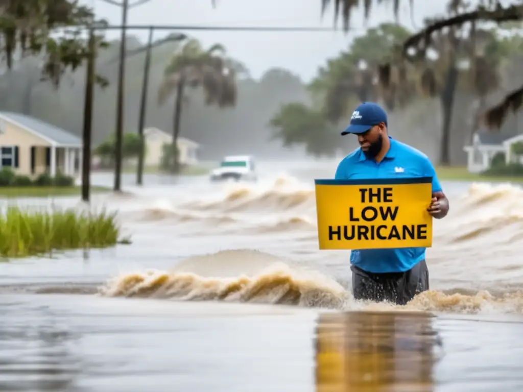 Amidst the chaos of a raging hurricane in South Carolina, a man wades through flooded streets with a guidebook in hand