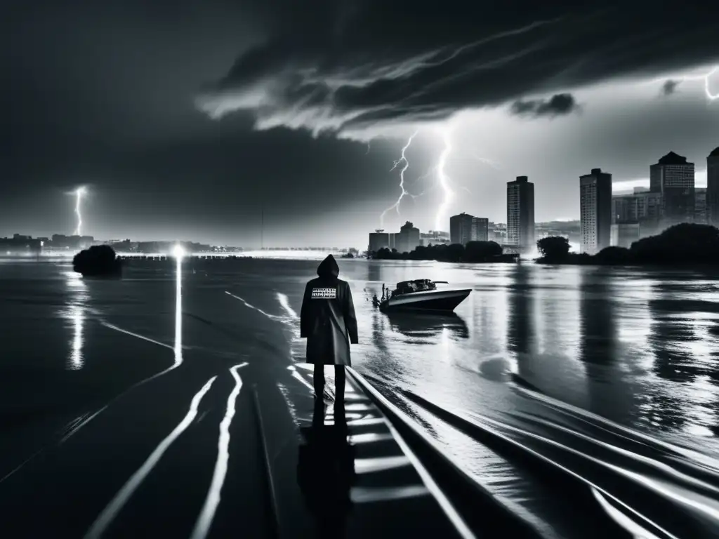 A mesmerizing monochrome depiction of a flooded cityscape, where lightning brightens up the stormy sky