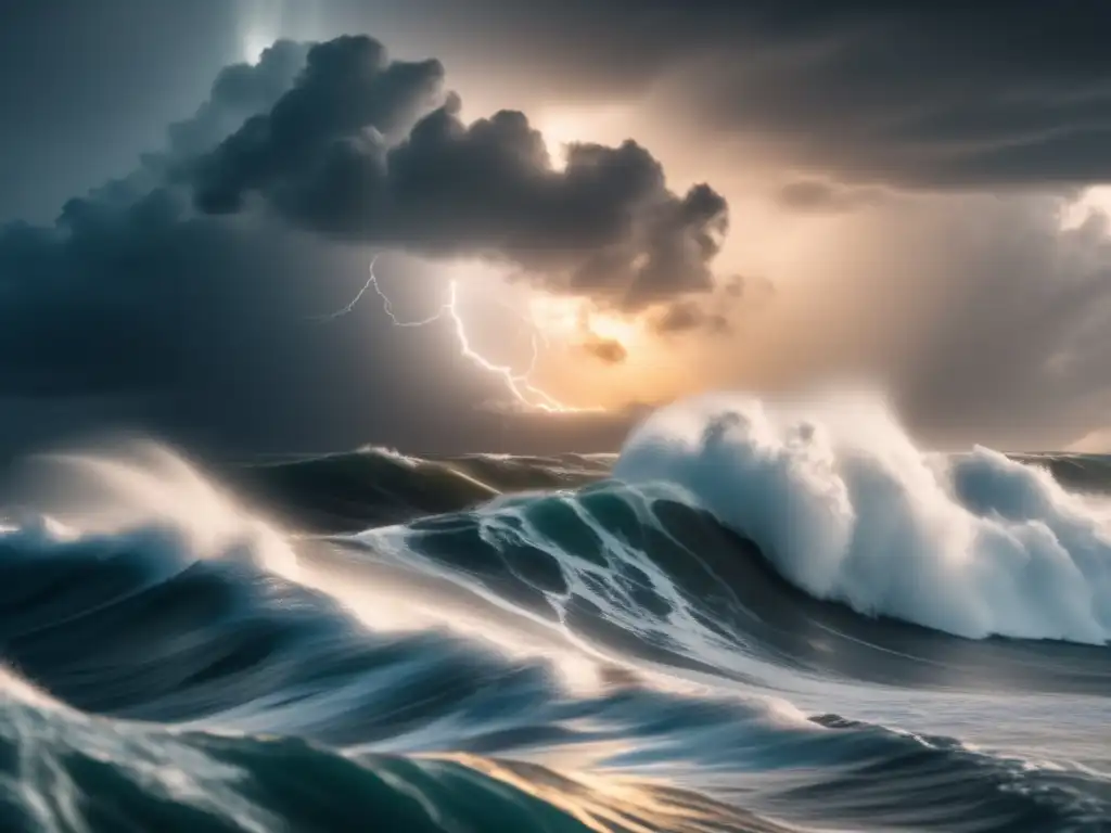 A cinematic image of a hurricane forming over the ocean with swirling winds, dark clouds, lightning, and waves crashing against the shore