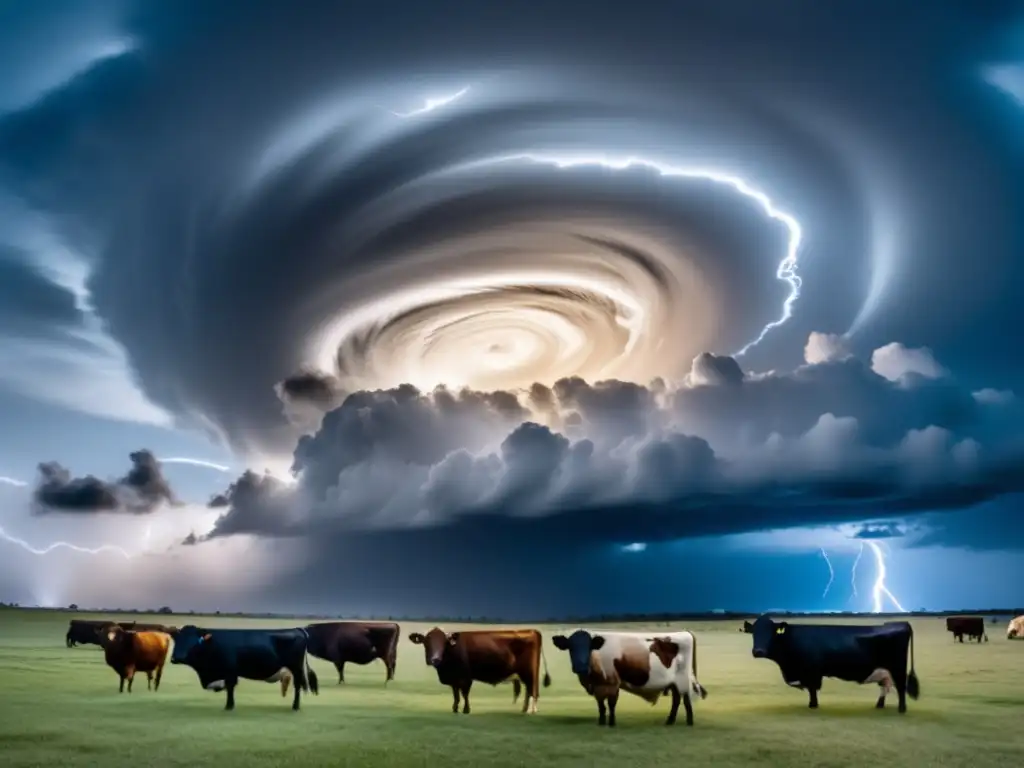 A stunning image of a hurricane's eye in a starlit sky, with serene cattle grazing in the foreground