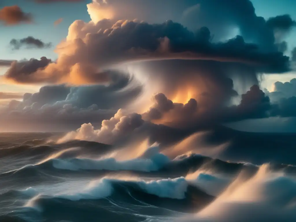 Golden hour glow captures the intensity of a hurricane's towering clouds and fierce winds in the Atlantic Ocean, creating a cinematic masterpiece