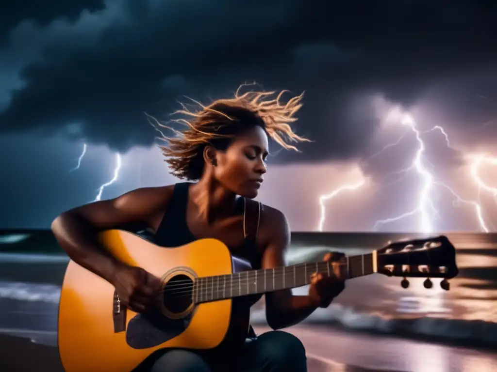 Amidst the chaos of a hurricane, a lone figure holding an acoustic guitar strums with passion and purpose