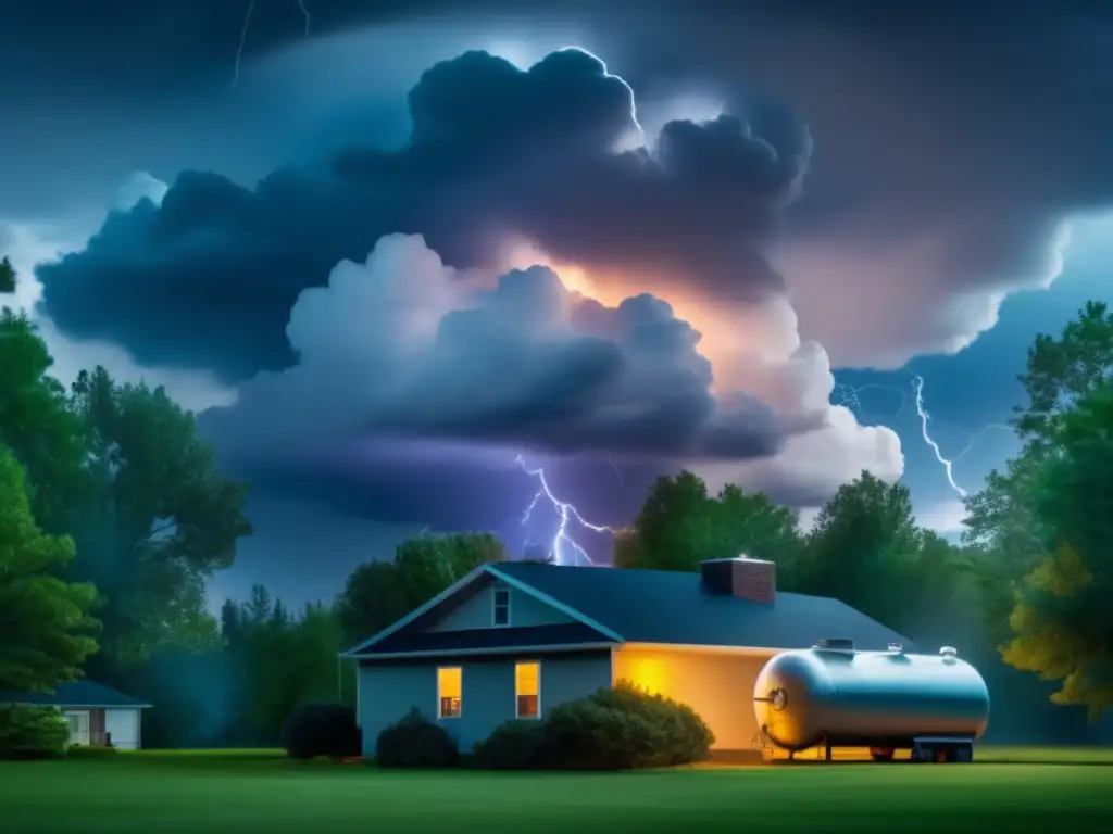 A looming, dark cloud approachs a residential propane tank, lightning strikes flashing in the background