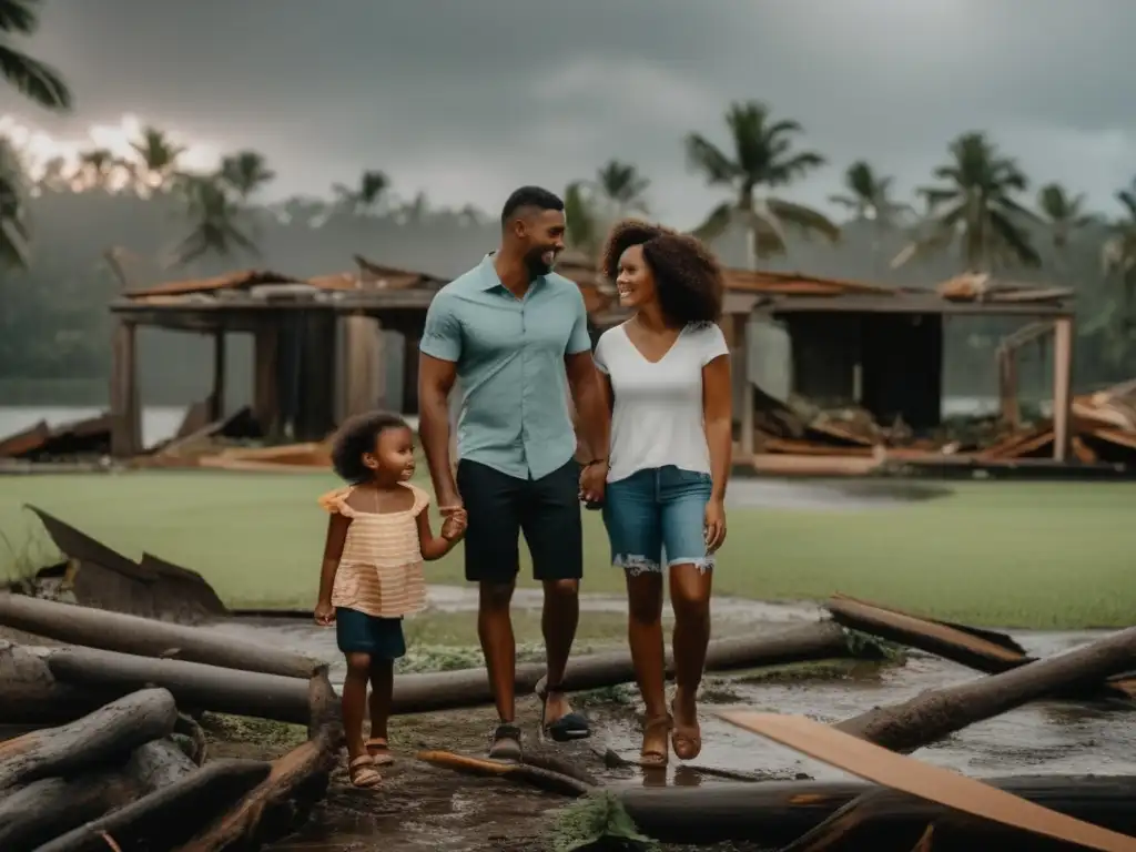 A cinematic family hug, surrounded by destruction and nature after a hurricane made them apart