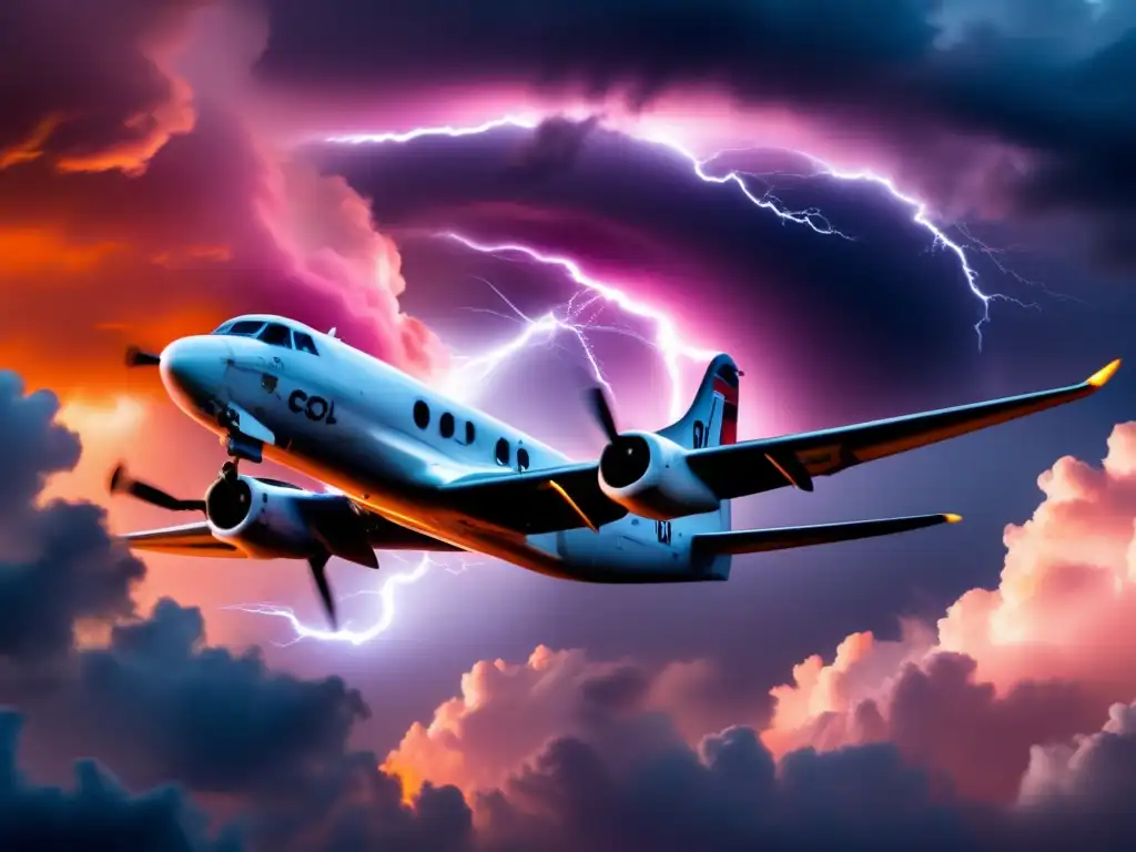 A Hurricane Hunter aircraft soars through the eye of a mighty storm, with Mark Thomas's Riders On The Storm artwork swirling in the background