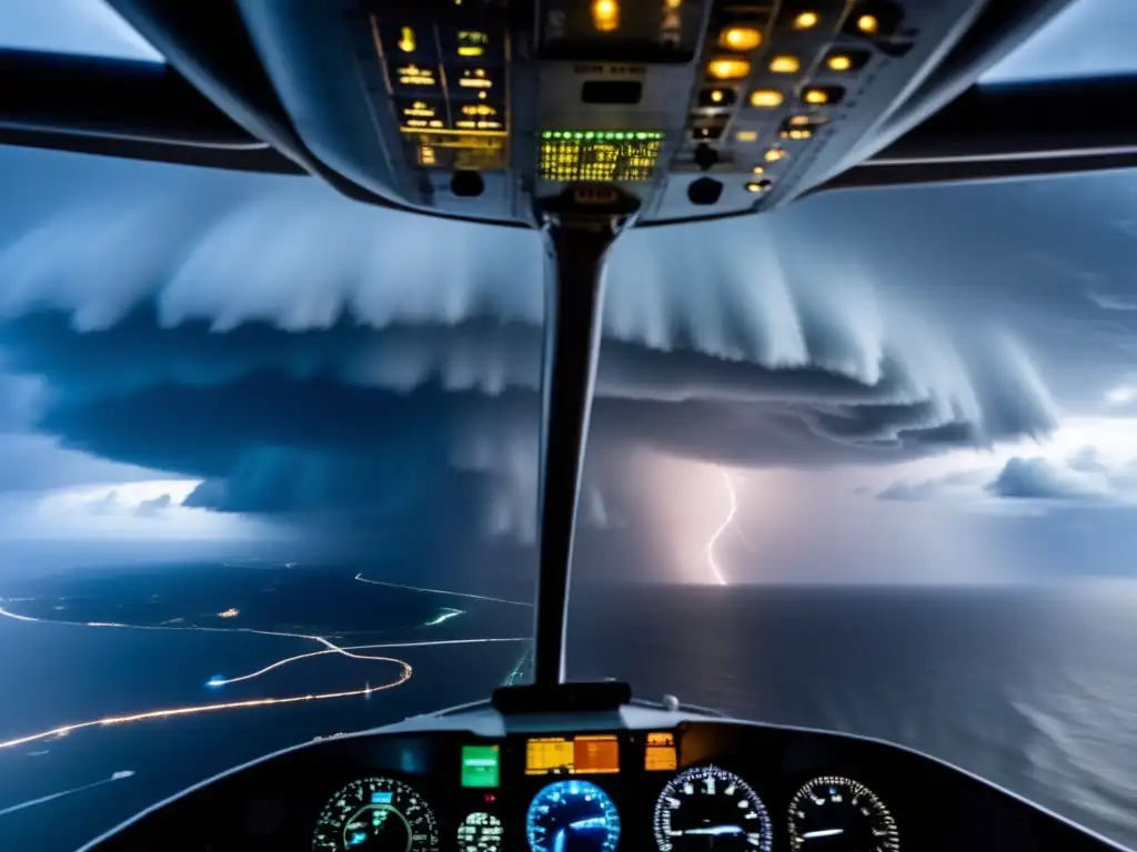 Hazardous flight operation in the midst of a hurricane, with a Hurricane Hunter aircraft flying through treacherous weather conditions