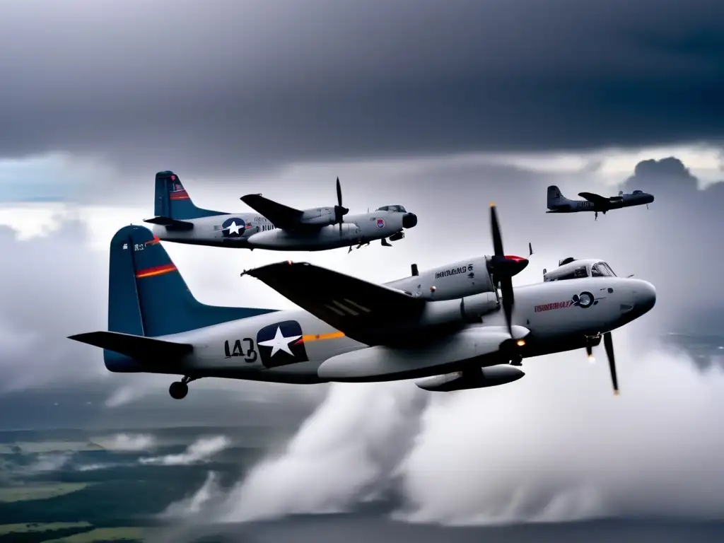 Intense aerial view of Hurricane Hunters tracking a powerful storm in their aircraft, amidst the turmoil