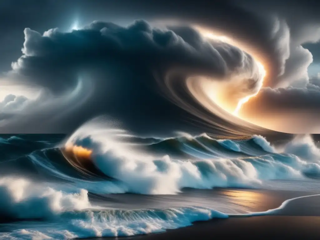 A powerful hurricane rages across the ocean, its swirling storm clouds casting an ominous glow on the massive waves, as a brilliant light source illuminates the scene from above