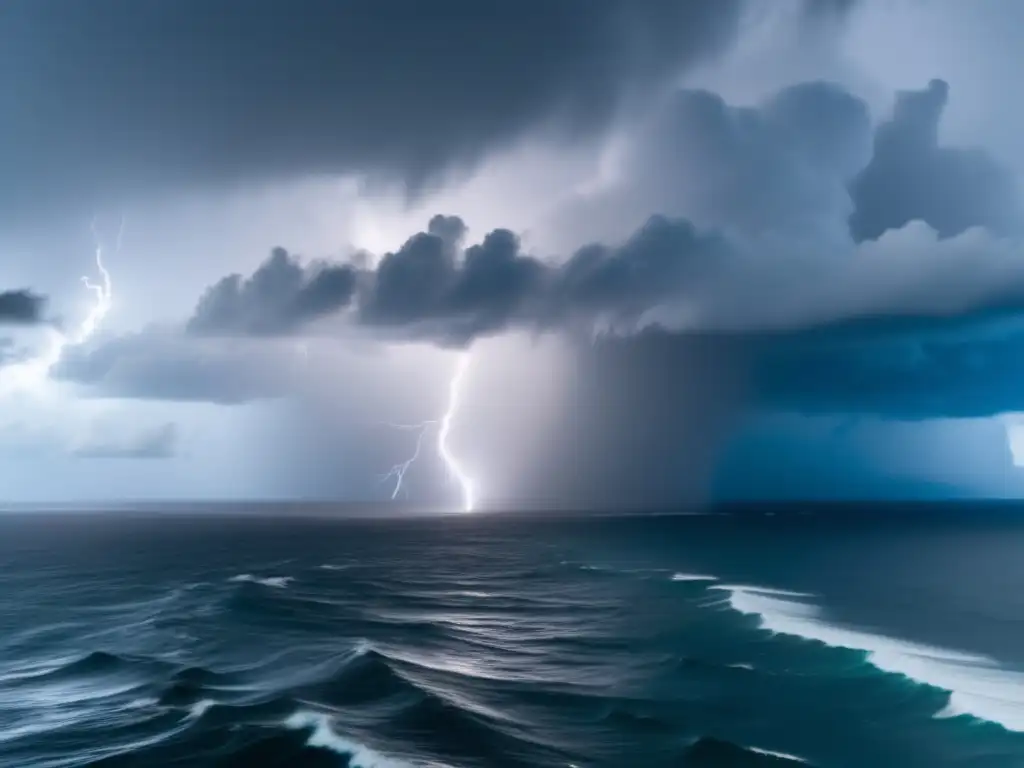 A hurricane's wrath captured in all its glory: Intense lightning illuminates the sky, while rain pours down like a torrential downpour