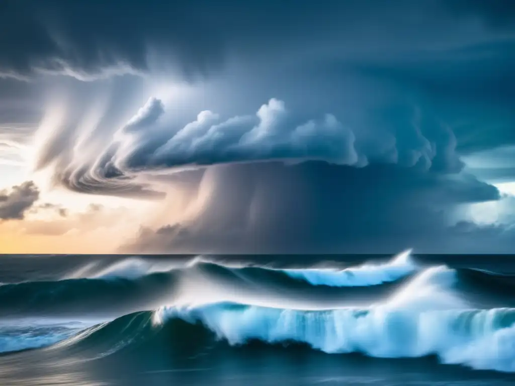 A high-resolution image of a towering hurricane over the ocean, with vibrant colors and sharp details capturing its power and beauty