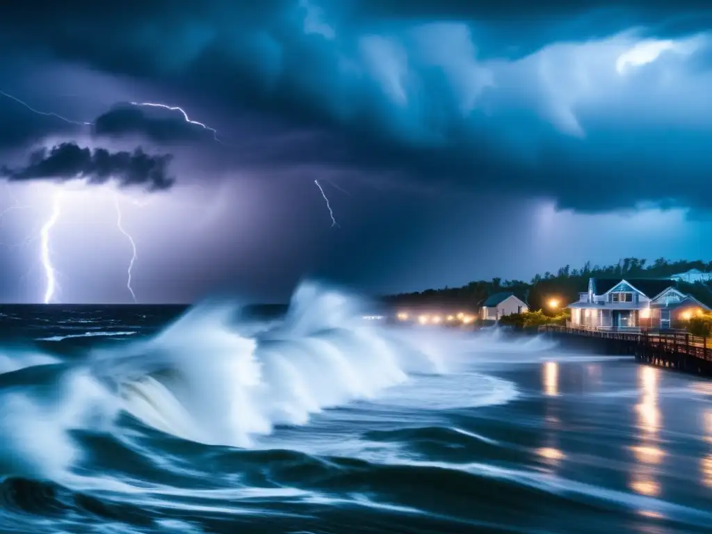 A dramatic and powerful image of a massive hurricane, with lightning bolts and torrential rain engulfing a small coastal town