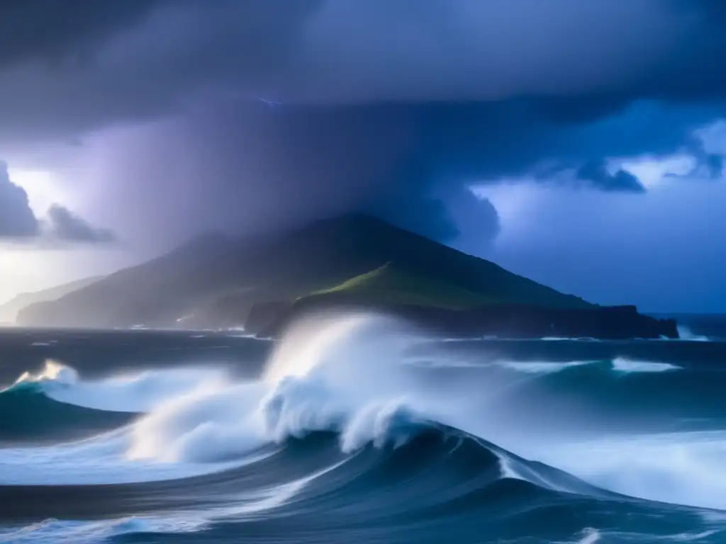 A dramatic image of a hurricane over water, showing its weakened form after making landfall