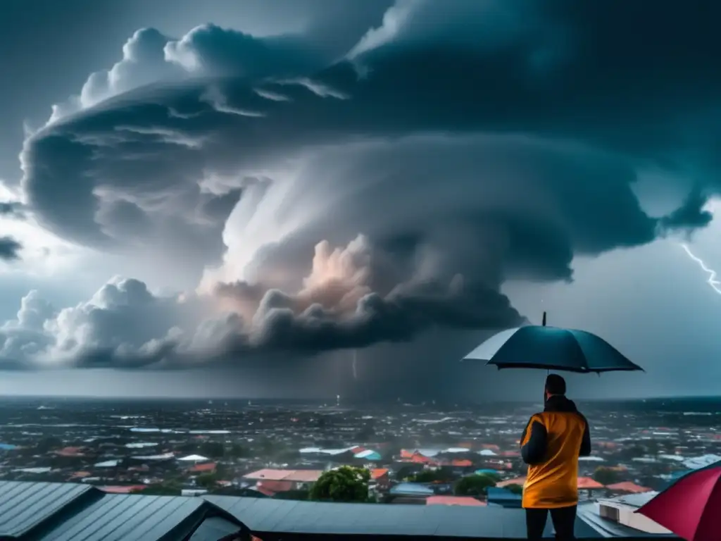 A dramatic, colorful shot of a full-force hurricane, with fiery lightning, towering storm clouds and intense winds