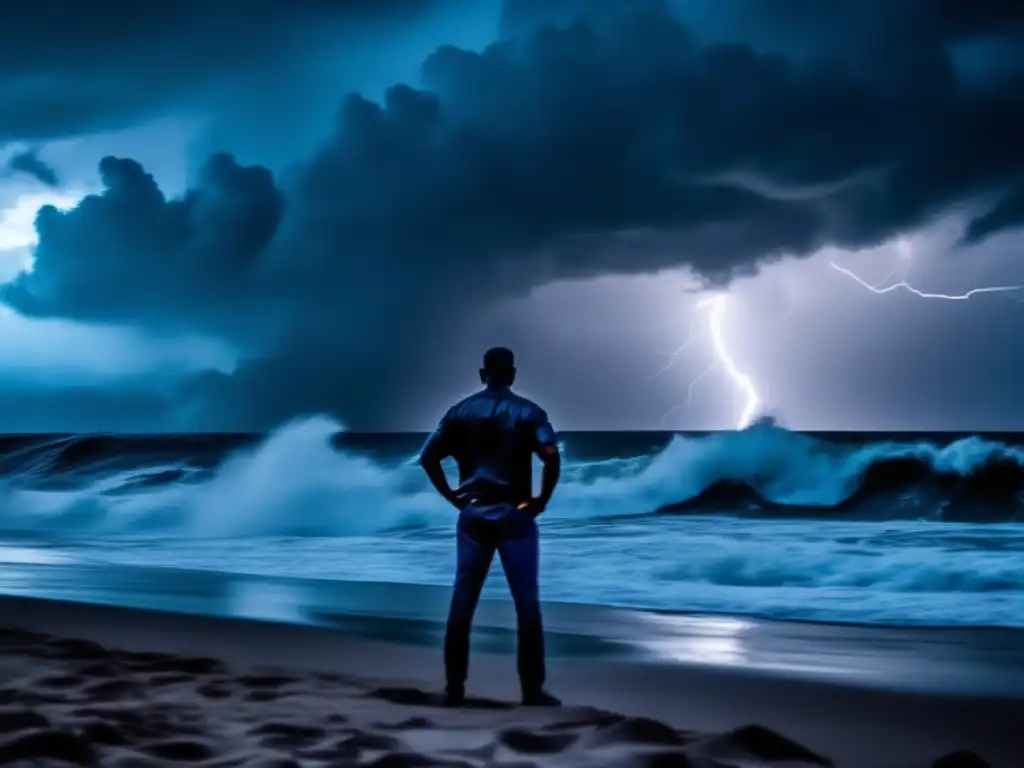 A dramatic image of a powerful hurricane brewing on the open ocean, with lightning strikes and towering waves crashing against the shore