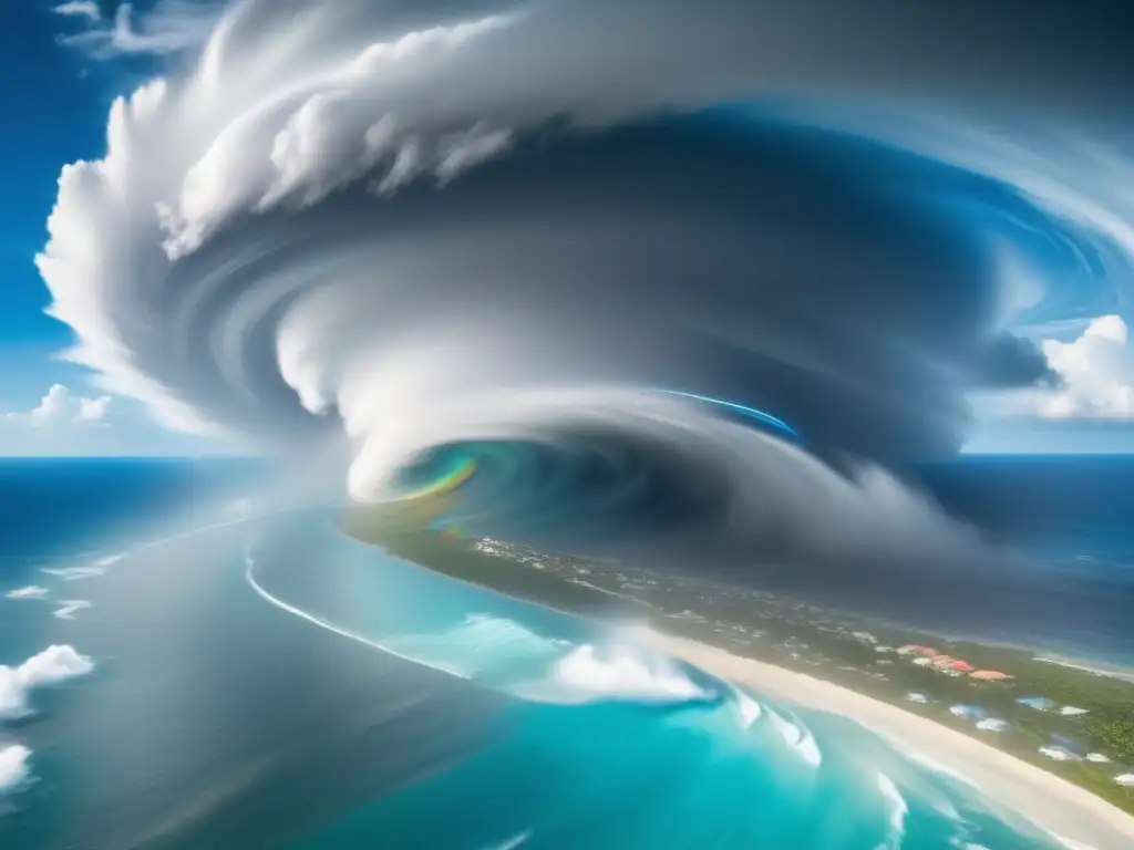 A dramatic image of a hurricane viewed from above, with vibrant winds and storm clouds against a clear blue sky