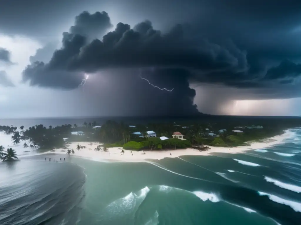 A devastating aerial view of a tropical island ravaged by a hurricane, as wind and rain navigate its trees, buildings, and coastline