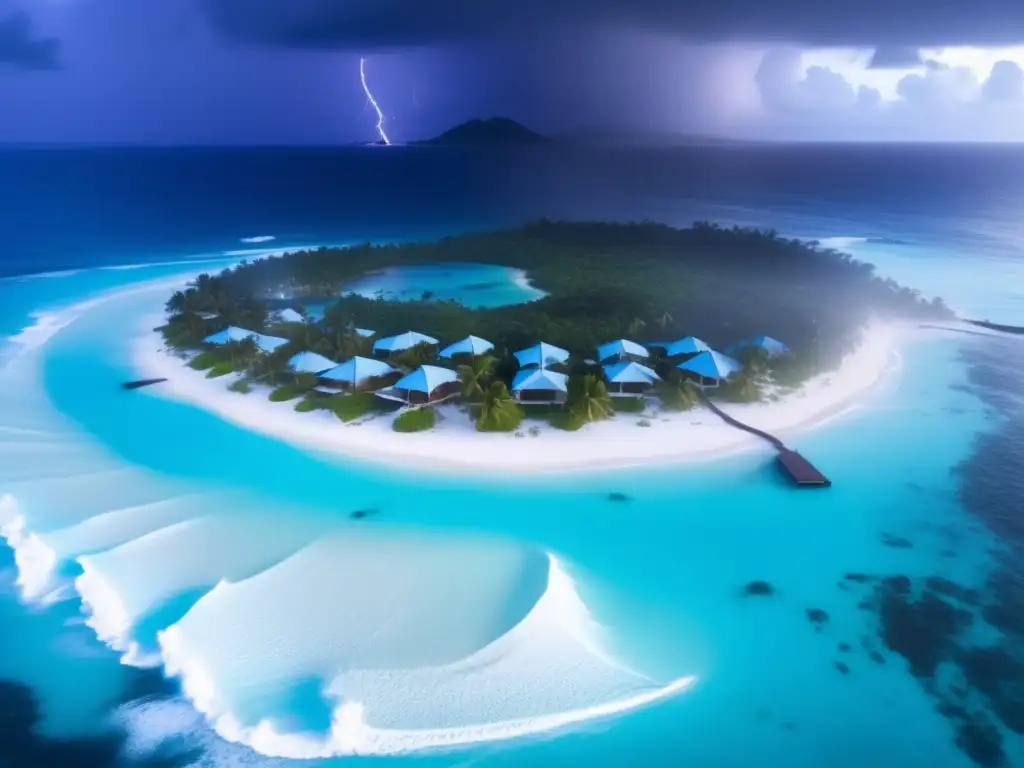 A dramatic aerial view of a tropical island caught in the midst of a hurricane