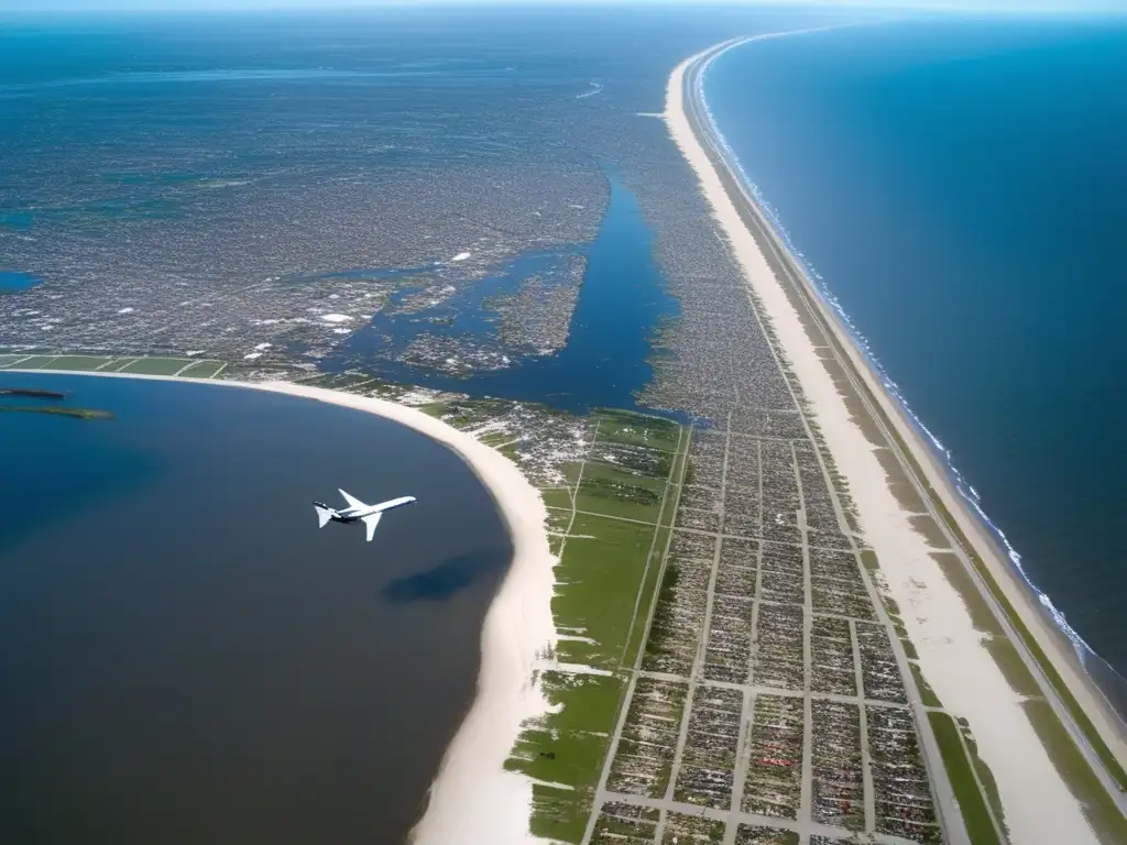 Devastated New Orleans coastline after Hurricane Katrina in 2005, captured by aerial drone footage