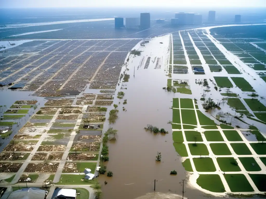 Hurricane Katrina's devastating aftermath captured in this photograph with fallen trees, flooded streets, and destroyed buildings