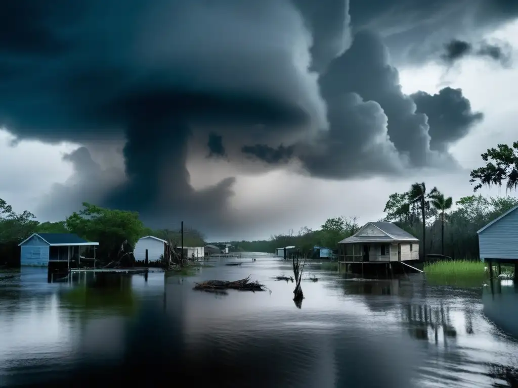 Hurricane Katrina's aftermath on an isolated bayou, captured from a high angle