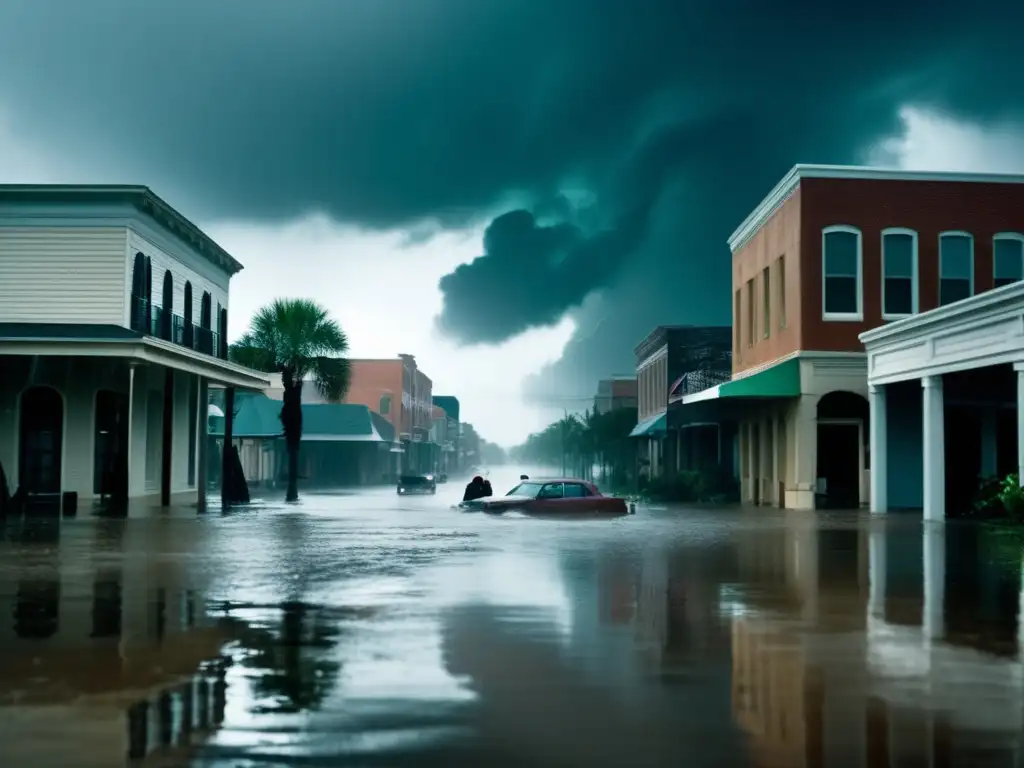 Destroyed homes and businesses behind flooded streets in the wake of Hurricane Katrina, with people wading through the water, wind billowing, and rain pouring down, while the city towers in the background