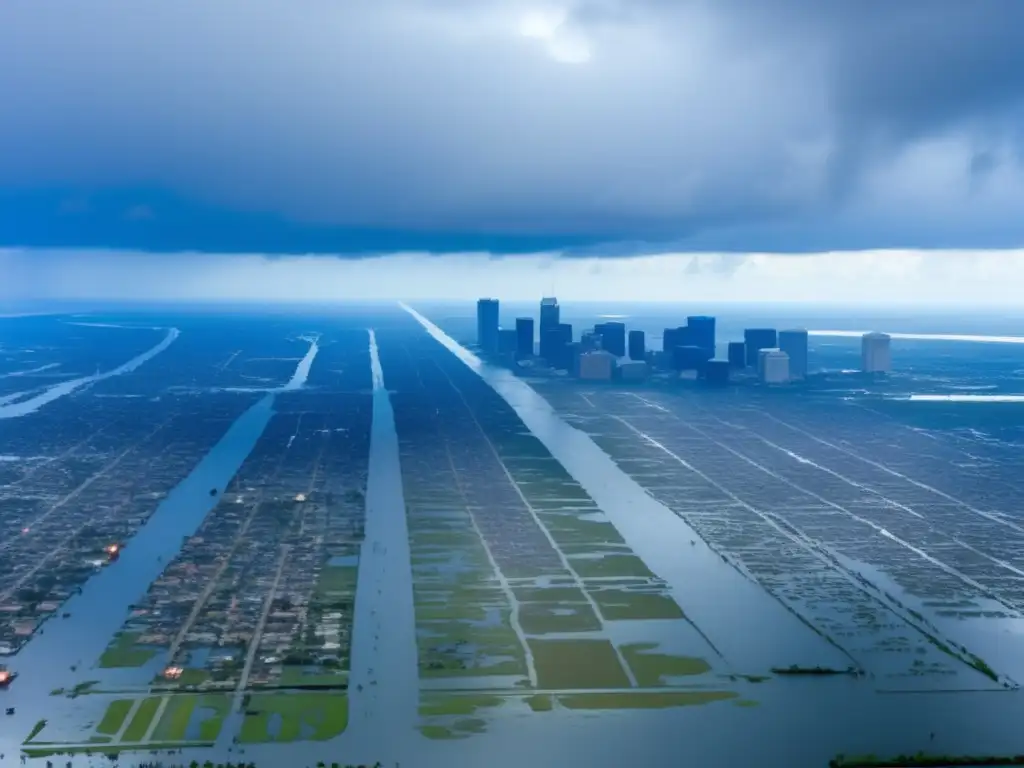 Post-Hurricane Katrina devastation in New Orleans: A stunning aerial shot showcases the extensive damage to buildings, roads, and waterways