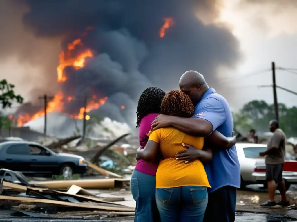 A powerful and emotional image of a family huddled together in the aftermath of Hurricane Katrina, surrounded by destruction and chaos