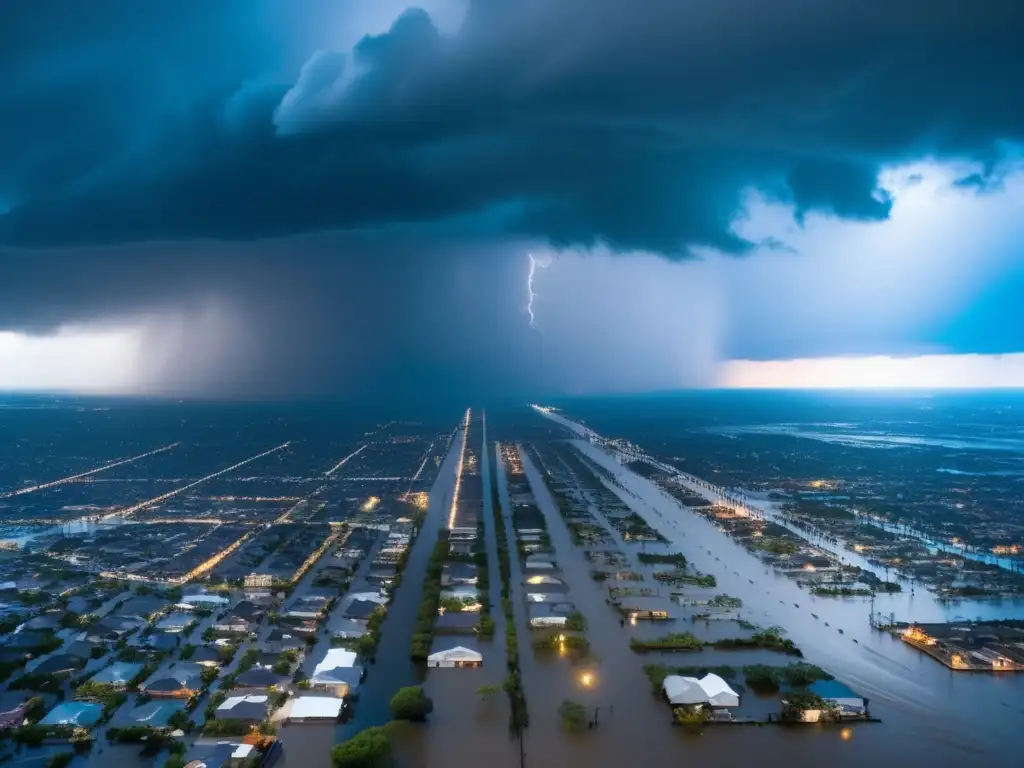 A chilling aerial view of New Orleans under Hurricane Katrina's wrath, where turbulent clouds obscure the sun and torrential rain floods the streets