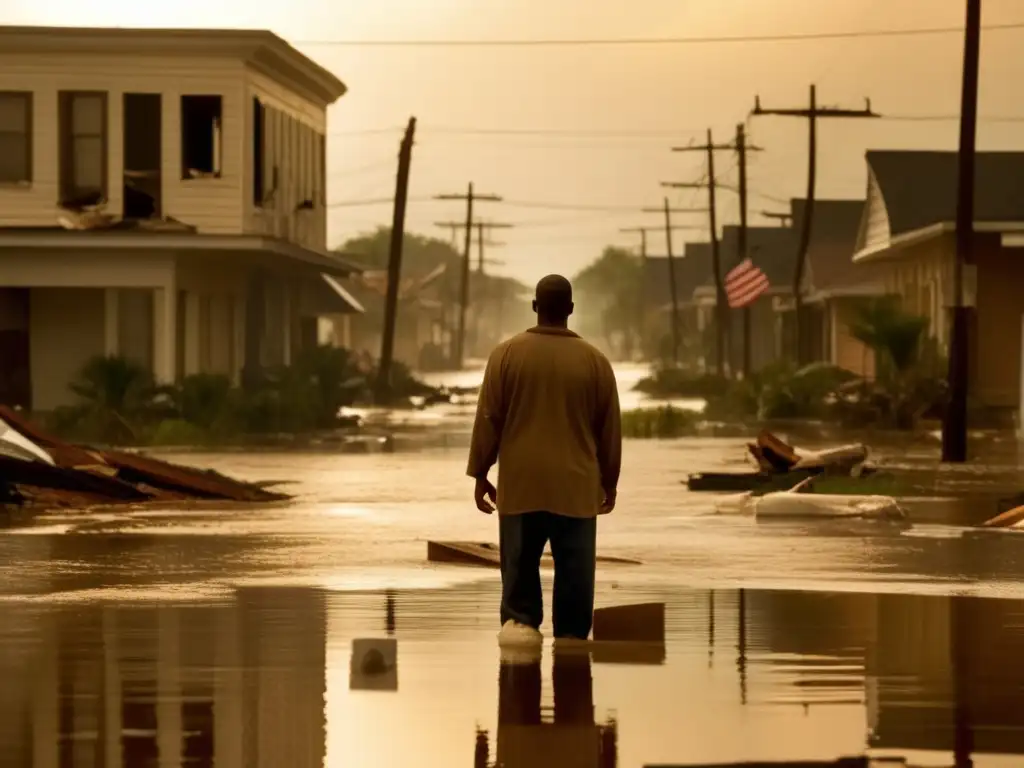 Overlooking Hurricane Katrina's aftermath, a person stands resolute in a flooded street with broken windows and debris