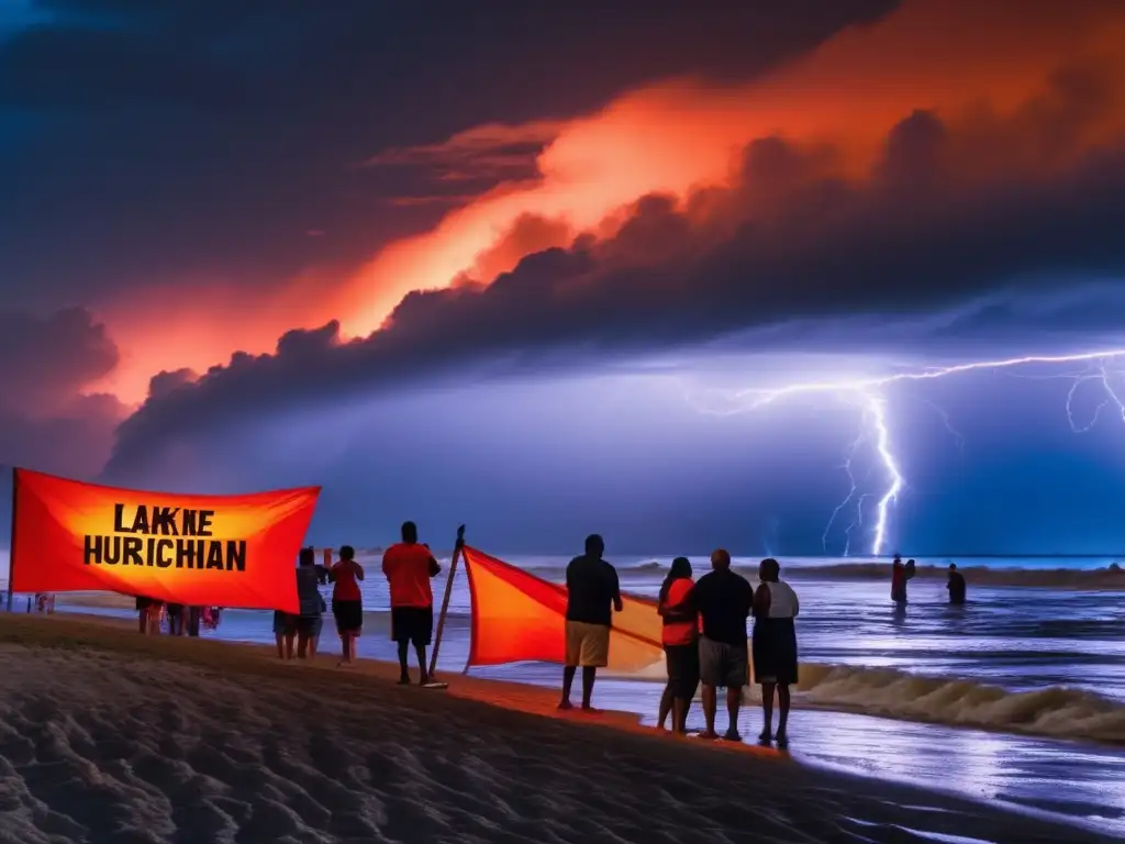 People huddled together under hurricane warning flags during Hurricane Katrina, with red and orange lights illuminating the raging waters of Lake Pontchartrain