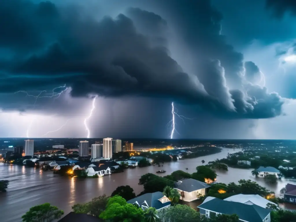 An aerial shot of a hurricane making landfall, with the storm's turbulent clouds and dark, swirling winds pouring over a densely packed city skyline, lightning illuminating the sky in the background