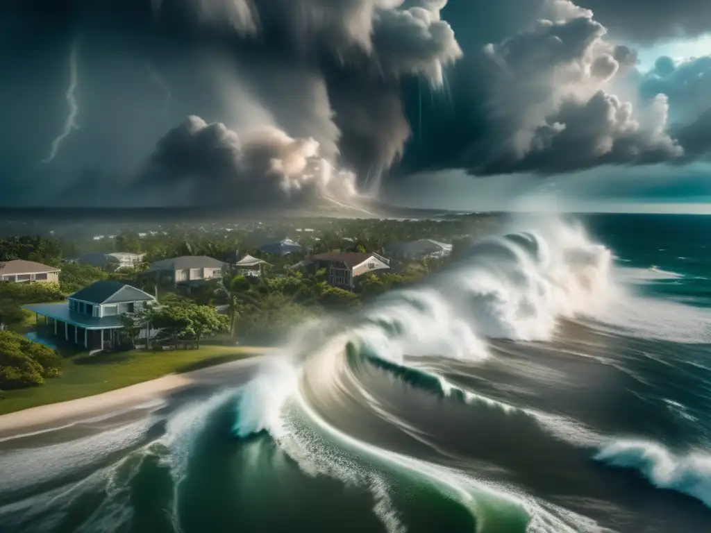 Hurricane ravages the coast, water and winds wreak havoc in the foreground