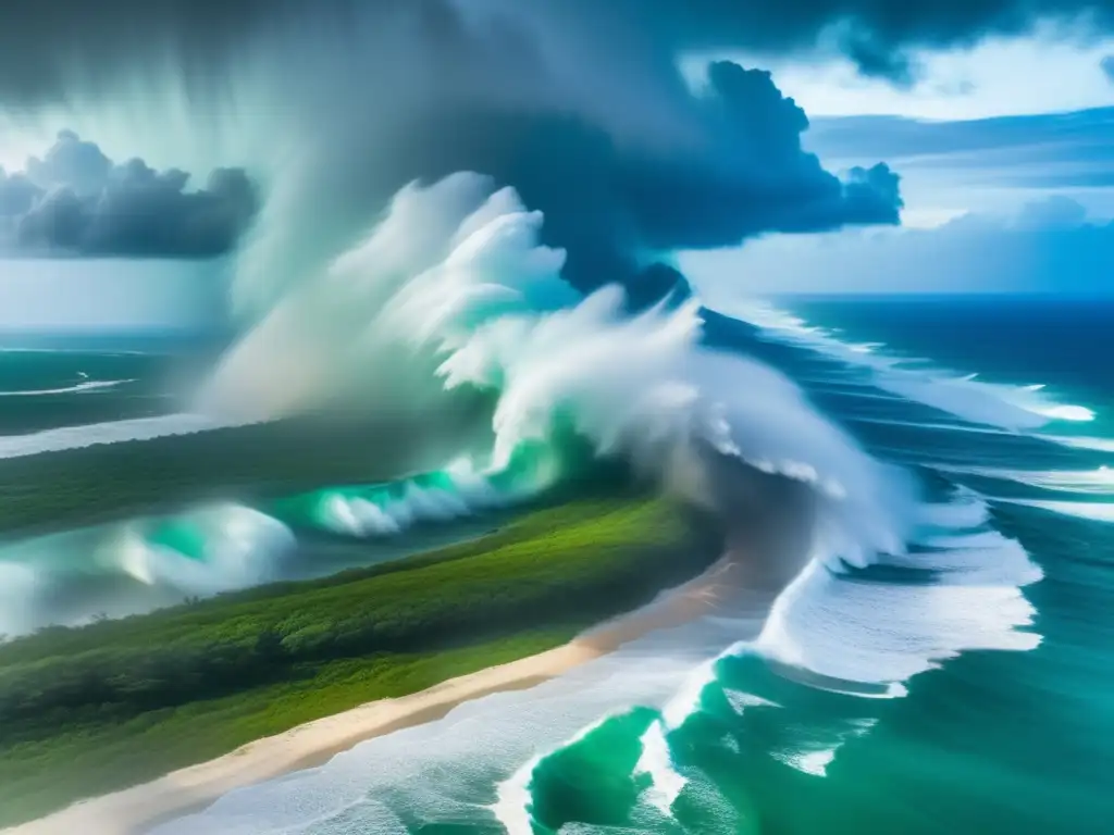 A devastating and awe-inspiring view of a hurricane making landfall, with towering waves and torrential rain pouring down