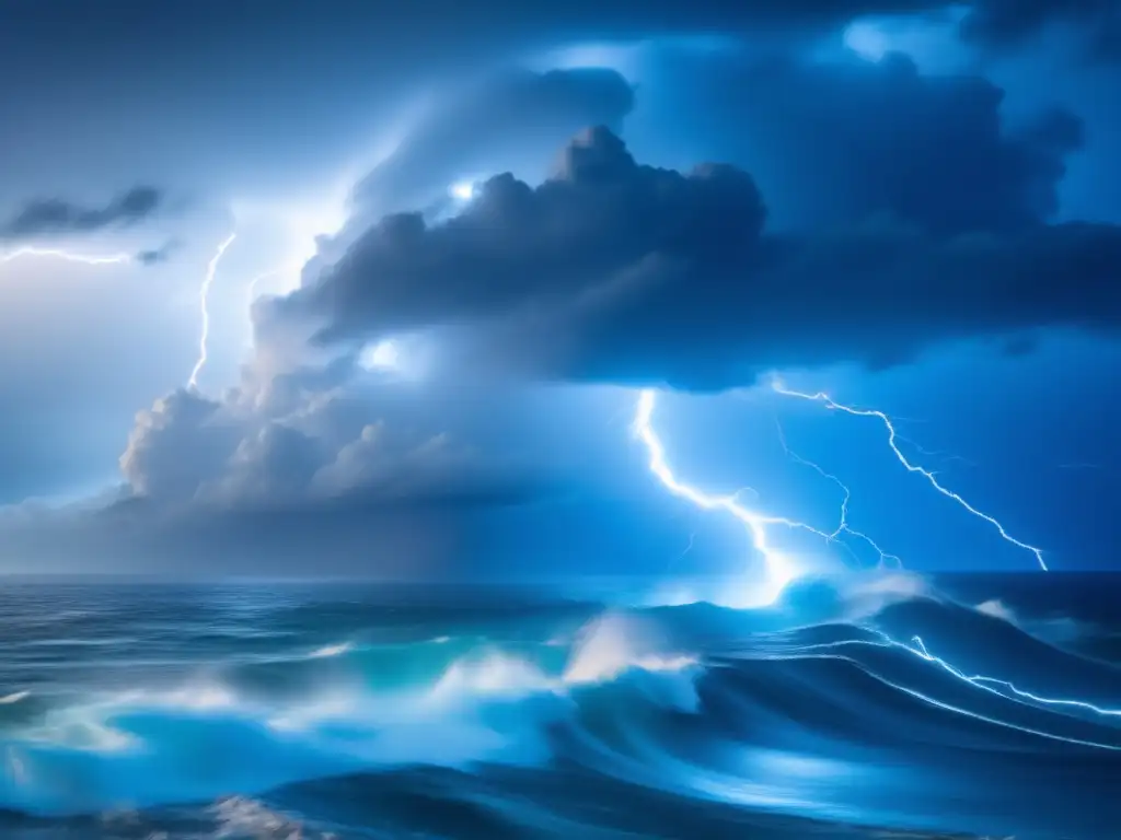 As hurricane tugs at azure ocean waters, lightning bolts unleash electrifying radiance