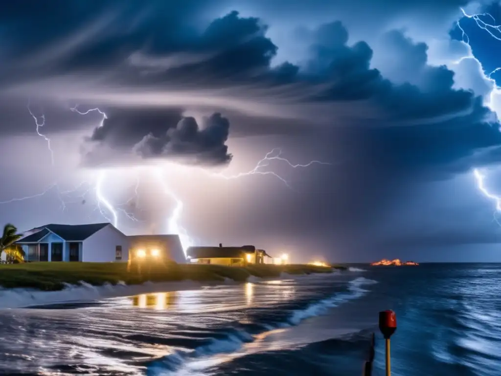 A thrilling and intense image of a hurricane, with lightning strikes illuminating the storm and casting dramatic shadows on the water below