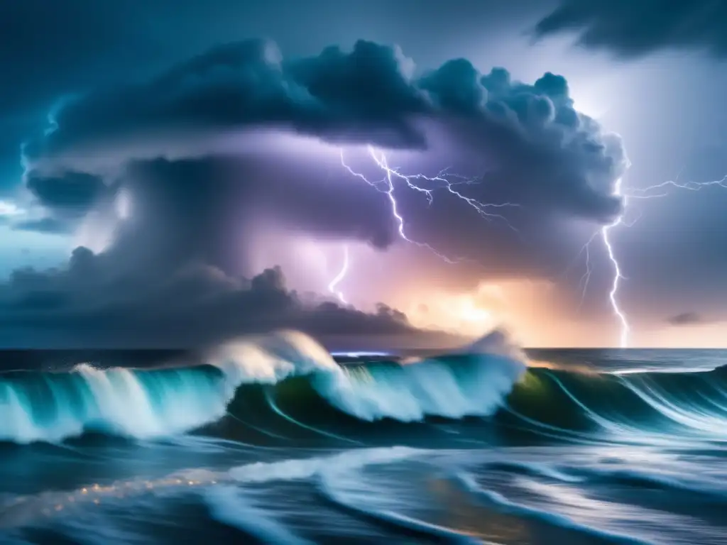 A cinematic 8k image captures Hurricane Moon's massive scale, lightning strikes, rain pouring, waves crashing, and dark background